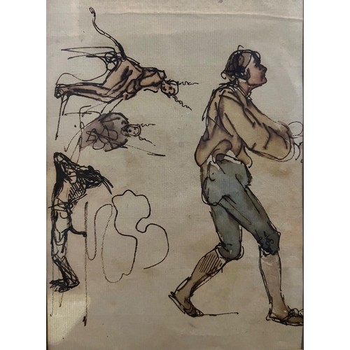 280 - A 19TH CENTURY PEN, INK AND WATERCOLOUR, THEATRICAL, DRAWING STUDY OF A MAN AND DEVILS
The reverse w... 