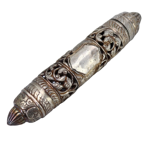 54 - A LATE 19TH/EARLY 20TH CENTURY PIERCED SILVER SCROLL CASE
Cylindrical body pierced with chased and e... 