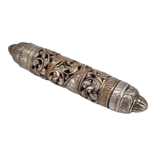 54 - A LATE 19TH/EARLY 20TH CENTURY PIERCED SILVER SCROLL CASE
Cylindrical body pierced with chased and e... 