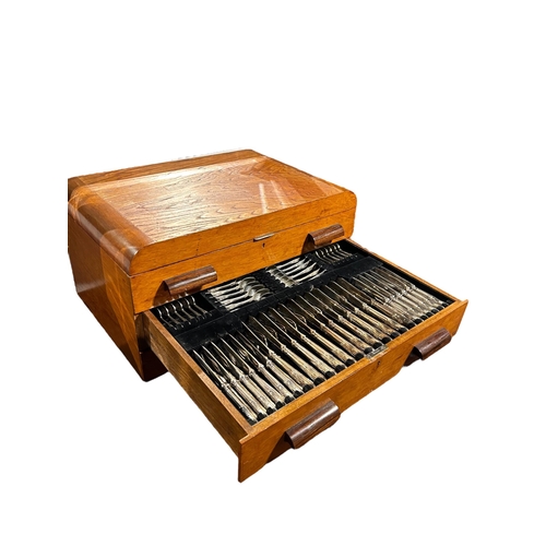 89 - A 20TH CENTURY ASSEMBLED SILVER PLATED THREE TIERED CANTEEN SET, HOUSED IN WOODEN CASE
Names include... 