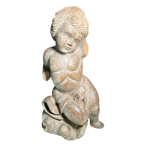 103B - A 19TH CENTURY ITALIAN CARVED WOOD FIGURE OF A CHERUB SITTING ON STYLISED CLOUD.(h 41.5cm x w 22cm x... 