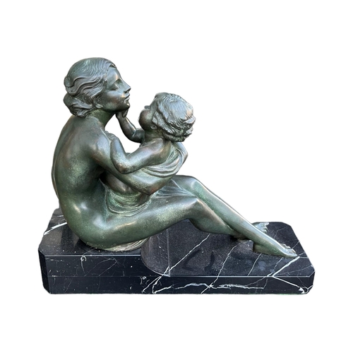 187 - CLAUDE MIRVAL, A 20TH CENTURY ART DECO FRENCH BRONZE SCULPTURE OF A MOTHER AND CHILD ON MARBLE BASES... 