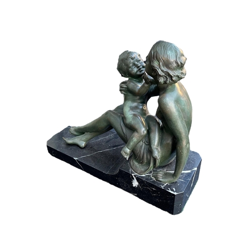 187 - CLAUDE MIRVAL, A 20TH CENTURY ART DECO FRENCH BRONZE SCULPTURE OF A MOTHER AND CHILD ON MARBLE BASES... 