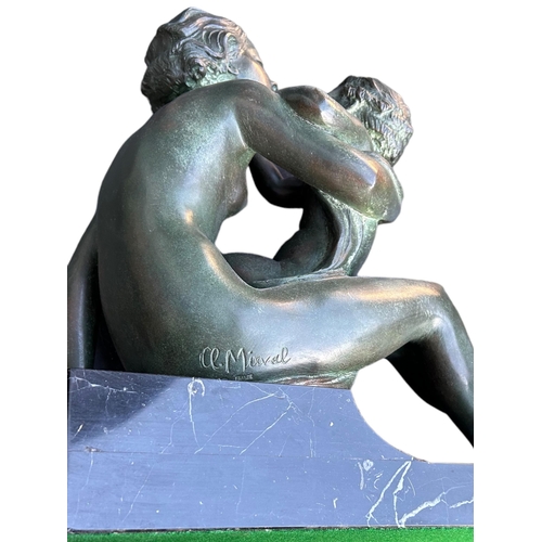 187 - CLAUDE MIRVAL, A 20TH CENTURY ART DECO FRENCH BRONZE SCULPTURE OF A MOTHER AND CHILD ON MARBLE BASES... 