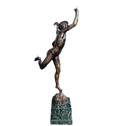 188 - F. BARBEDIENNE, 1810 - 1892, A 19TH CENTURY FRENCH BRONZE FIGURE OF MERCURY/HERMES ON MARBLE BASE, A... 