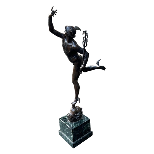 188 - F. BARBEDIENNE, 1810 - 1892, A 19TH CENTURY FRENCH BRONZE FIGURE OF MERCURY/HERMES ON MARBLE BASE, A... 