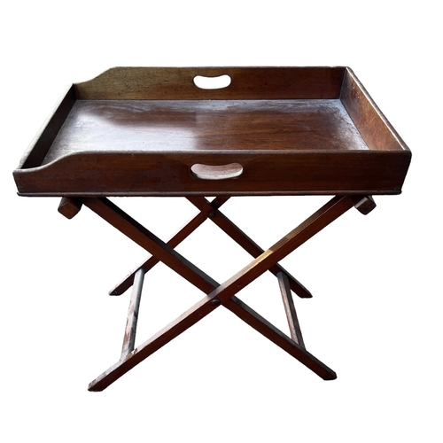 225 - A GEORGE III MAHOGANY BUTLER’S TRAY ON STAND. (h 76.5cm x d 45cm x 70.5cm)