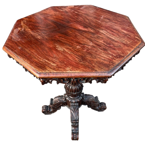 228 - MANNER OF GILLOWS, A 19TH CENTURY ANGLO-INDIAN CARVED ROSEWOOD PEDESTAL OCCASIONAL TABLE The hexagon... 