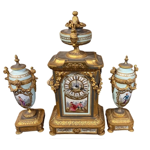 276 - A LATE 19TH CENTURY FRENCH GILT METAL AND PAINTED PORCELAIN MANTLE CLOCK GARNITURE SET. 
(h 52cm x d... 