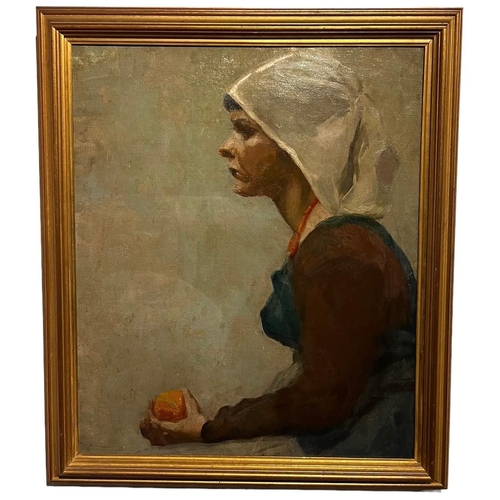 300 - A 20TH CENTURY NEWLYN SCHOOL OIL ON CANVAS, PORTRAIT OF A YOUNG LADY HOLDING AN ORANGE
Indistinctly ... 