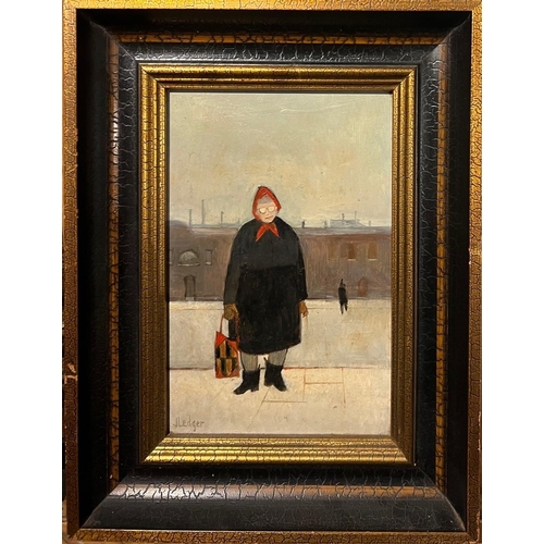 302 - JANET LEDGER, BRITISH, 1931, 20TH CENTURY OIL ON BOARD 
Titled ‘Woman With Stitchback’, signed lower... 