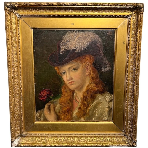 307 - A 19TH CENTURY OIL ON CANVAS, PORTRAIT OF A YOUNG WOMAN WEARING A FEATHERED HAT HOLDING A FLOWER
Sig... 