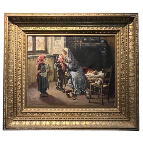 310 - VINCENZO IROLLI, ITALIAN, 1860 - 1945, A LARGE OIL ON CANVAS
Interior scene, mother and children a f... 