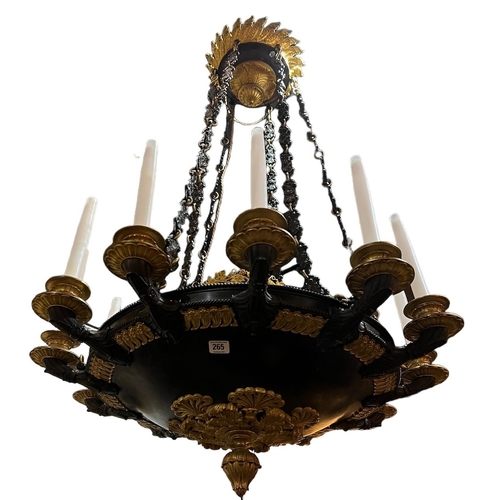 265 - A LARGE 19TH CENTURY EMPIRE ORMOLU AND PATINATED BRONZE TWELVE LIGHT CHANDELIER.
(drop 124cm x diame... 