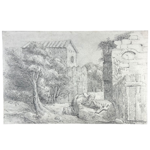 283 - A 19TH CENTURY CHALK AND GRAPHITE DRAWING, AFTER 16TH CENTURY OLD MASTER SAINT KNEELING BEFORE A CRU... 