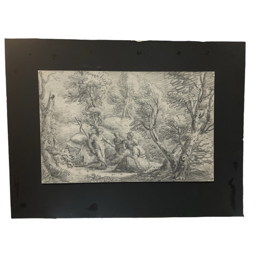 285 - AN 18TH CENTURY ENGLISH GRAPHITE DRAWING, STUDY OF ST. JOHN THE BAPTIST AND THE HOLY FAMILY IN A WOO... 