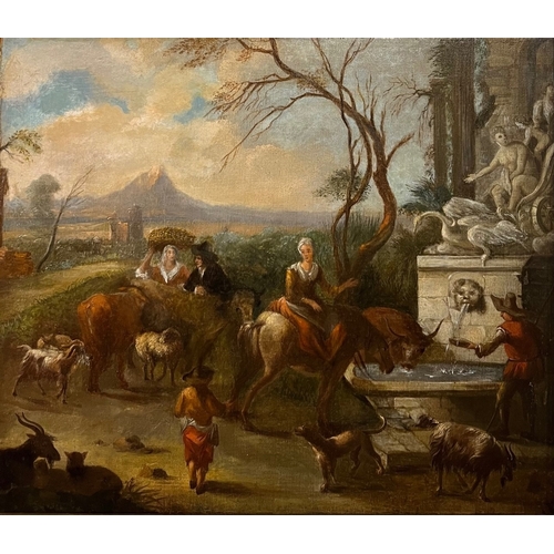 327 - A 17TH CENTURY DUTCH OIL ON CANVAS, RUINS LANDSCAPE
With shepherd and shepherdess with cattle and sh... 