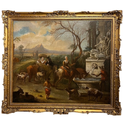 327 - A 17TH CENTURY DUTCH OIL ON CANVAS, RUINS LANDSCAPE
With shepherd and shepherdess with cattle and sh... 