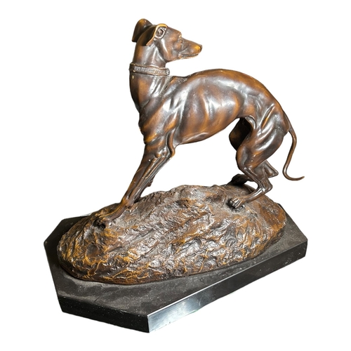 190 - AFTER JEAN-FRANÇOIS GECHTER, 1796 - 1844, A 19TH CENTURY FRENCH BRONZE MODEL OF A GREYHOUND ON NATUR... 