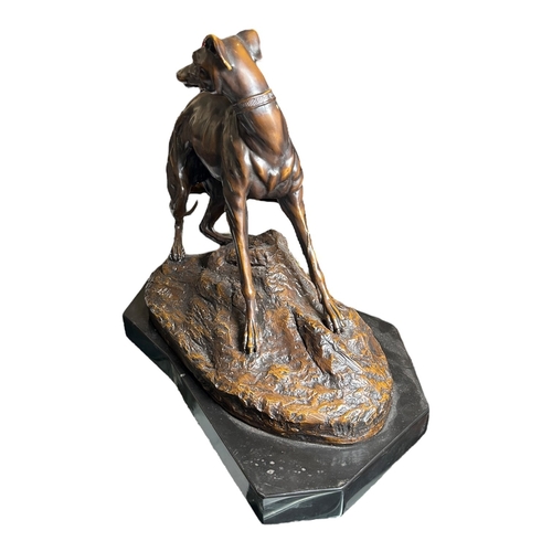 190 - AFTER JEAN-FRANÇOIS GECHTER, 1796 - 1844, A 19TH CENTURY FRENCH BRONZE MODEL OF A GREYHOUND ON NATUR... 