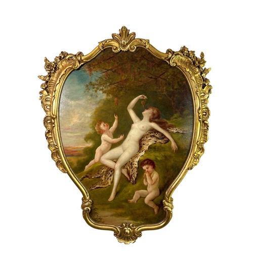 308 - A LARGE PAIR OF 19TH CENTURY OIL ON CANVAS, NUDE FEMALE WITH TWO PUTTI IN A WOODED LANDSCAPE
Represe... 