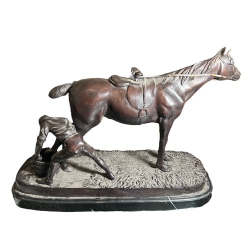 191 - AFTER ARTHUR MARIE GABRIEL, 1838 - 1909, A 19TH CENTURY FRENCH BRONZE GROUP MODEL OF A HORSE AND BLA... 