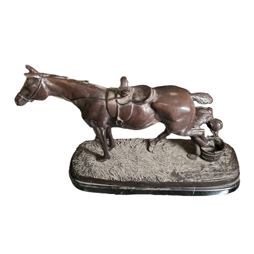 191 - AFTER ARTHUR MARIE GABRIEL, 1838 - 1909, A 19TH CENTURY FRENCH BRONZE GROUP MODEL OF A HORSE AND BLA... 