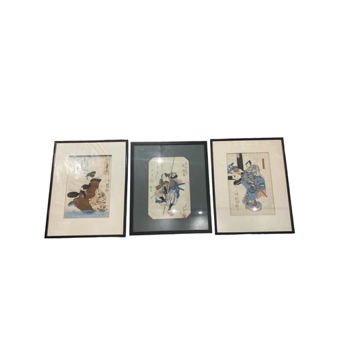 279 - A SET OF THREE 19TH CENTURY JAPANESE COLOURED WOODLOCK PRINTS
To include warriors and a Geisha girl,... 