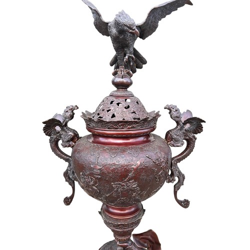 176 - AN EXTREMELY LARGE JAPANESE MEJI PERIOD BRONZE KORO (INCENSE BURNER). Raised on five scrolling feet,... 