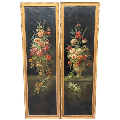 321 - A LARGE PAIR OF 18TH CENTURY DUTCH OIL ON CANVAS, STILL LIFE, FLOWERS IN LOBED URNS ON A STONE LEDGE... 