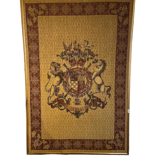 223 - A 16TH CENTURY DESIGN WALL HANGING TAPESTRY Armorial Coat of Arms lion and horse with Latin HONI SOI... 