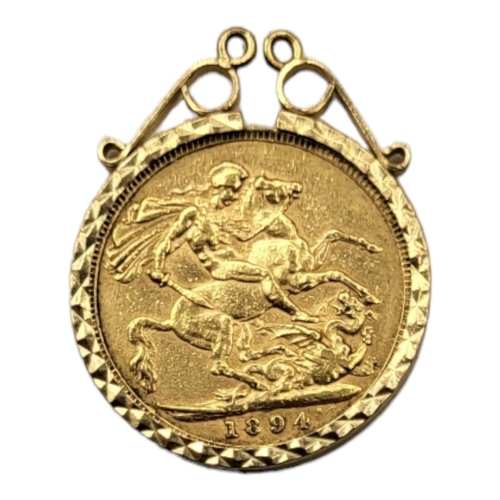 2 - A VICTORIAN 22CT GOLD FULL SOVEREIGN, DATED 1894, HOUSED IN A 9CT GOLD PENDANT MOUNT. 
(30mm x 25mm,... 