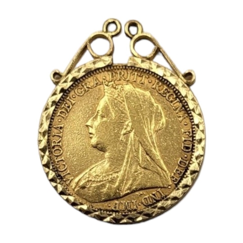 2 - A VICTORIAN 22CT GOLD FULL SOVEREIGN, DATED 1894, HOUSED IN A 9CT GOLD PENDANT MOUNT. 
(30mm x 25mm,... 