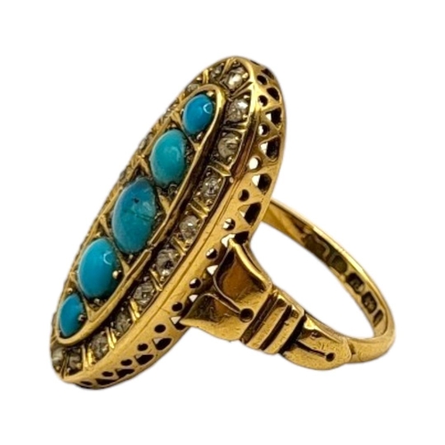 22 - A VICTORIAN 18CT GOLD, TURQUOISE AND DIAMOND RING
Ovular shaped front with five graduated cabochon c... 