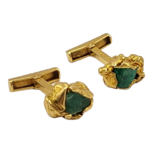 33 - A VINTAGE PAIR OF 14CT GOLD AND GREEN CHRYSOPRASE CUFFLINKS, HAVING NATURALISTIC FORM AND CUT.
(14mm... 