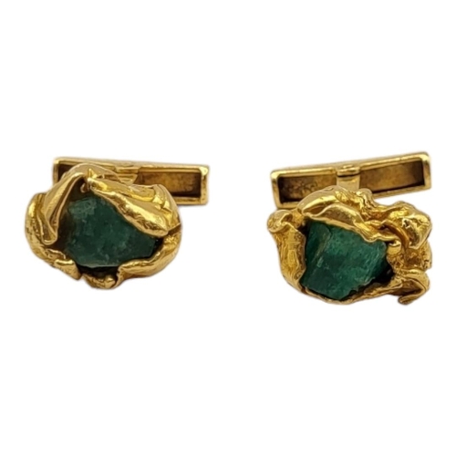 33 - A VINTAGE PAIR OF 14CT GOLD AND GREEN CHRYSOPRASE CUFFLINKS, HAVING NATURALISTIC FORM AND CUT.
(14mm... 