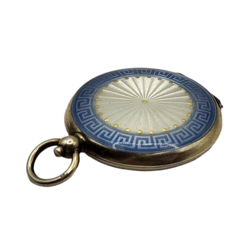 53 - A VINTAGE SILVER AND ENAMEL MIRRORED COMPACT FORMED AS A POCKET WATCH
Double sided engine turned whi... 