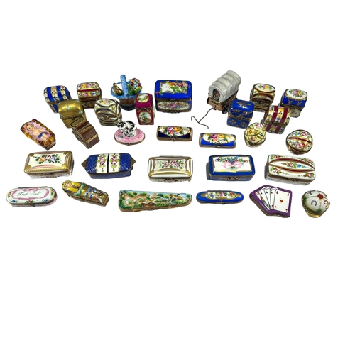 145 - LIMOGES, FRANCE, A COLLECTION OF THIRTY ‘PEINT MAIN’ TRINKET BOXES, TO INCLUDE NOVELTY EXAMPLES Comp... 