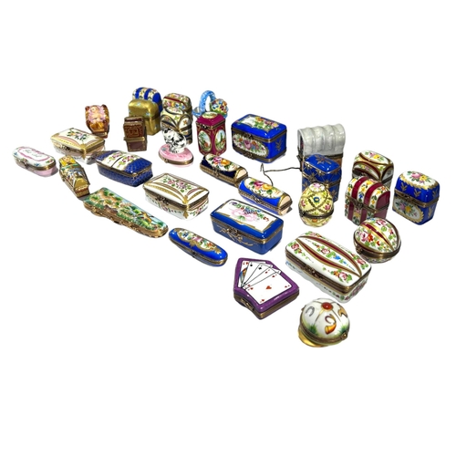 145 - LIMOGES, FRANCE, A COLLECTION OF THIRTY ‘PEINT MAIN’ TRINKET BOXES, TO INCLUDE NOVELTY EXAMPLES Comp... 