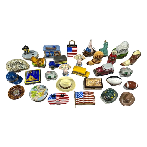 148 - LIMOGES, FRANCE, A COLLECTION OF THIRTY ‘PEINT MAIN’ AMERICAN THEMED TRINKET BOXES
Comprising Mount ... 