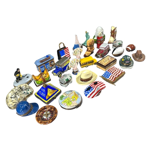 148 - LIMOGES, FRANCE, A COLLECTION OF THIRTY ‘PEINT MAIN’ AMERICAN THEMED TRINKET BOXES
Comprising Mount ... 