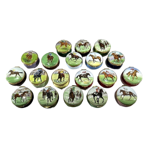 152 - KINGSLEY ENAMELS & CRUMMELS, A COLLECTION OF NINETEEN VINTAGE HORSE RACING THEMED ENAMEL BOXES, EACH... 