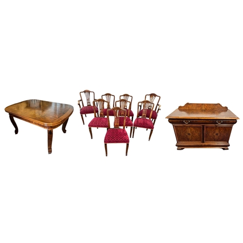 226 - JEWISH INTEREST, A GERMAN WALNUT AND INLAID ART DECO DINING ROOM SUITE 
Comprising a draw leaf dinin... 