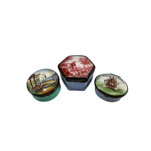 90 - BATTERSEA OR SOUTH STAFFORDSHIRE, THREE 18TH CENTURY ENGLISH ENAMEL PATCH BOXES
Fist being hexagonal... 