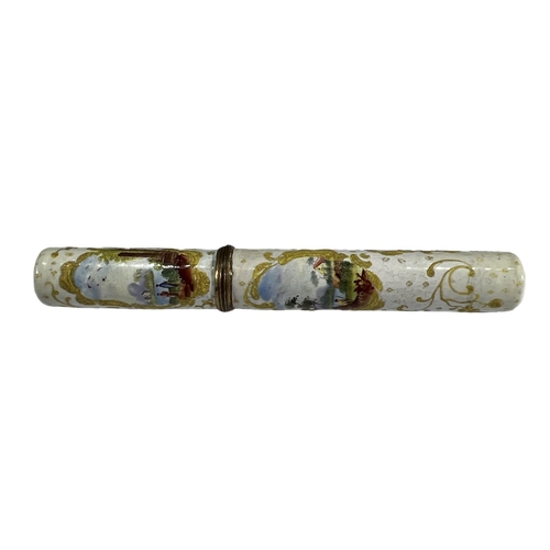 91 - SOUTH STAFFORDSHIRE, 18TH CENTURY ENGLISH ENAMEL CYLINDRICAL BOKIN CASE 
Decorated with four ruined ... 