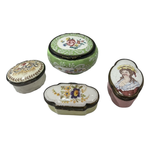 95 - (PROBABLY FRENCH) A COLLECTION OF FOUR 19TH CENTURY ENAMEL PATCH BOXES
Largest having ovular form, f... 