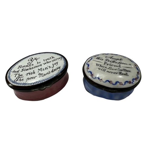 99 - BATTERSEA OR SOUTH STAFFORDSHIRE, TWO 18TH CENTURY ENGLISH ENAMEL PATCH BOXES, BOTH HAVING INSCRIPTI... 