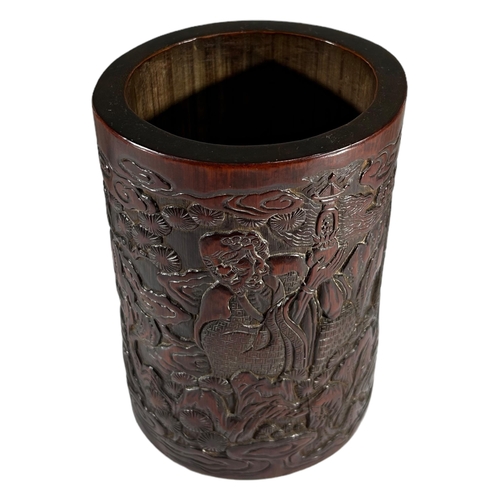 183A - A 19TH CENTURY CHINESE CARVED BAMBOO BRUSH POT
Decorated with figures amongst foliage and mountainou... 