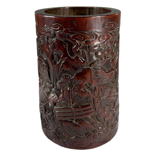 183A - A 19TH CENTURY CHINESE CARVED BAMBOO BRUSH POT
Decorated with figures amongst foliage and mountainou... 