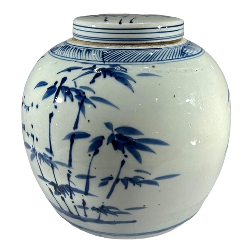 185A - A LARGE 19TH CENTURY CHINESE BLUE & WHITE ‘THREE FRIENDS OF WINTER’ GINGER JAR AND LID.
(h 21cm x d ... 